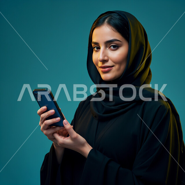 مفهوم النعومة و الأنوثة، الاهتمام بالأناقة والمظهر الخارجي، صورة مقربة لامرأة عربيه خليجيه سعودية مبتسمة محجبة ترتدي العباءة والحجاب تحمل بيدها هاتف محمول، إيماءات الابتسامه السرور والثقه بالنفس، أزياء محجبات عصرية حديثة, خلفية زرقاء