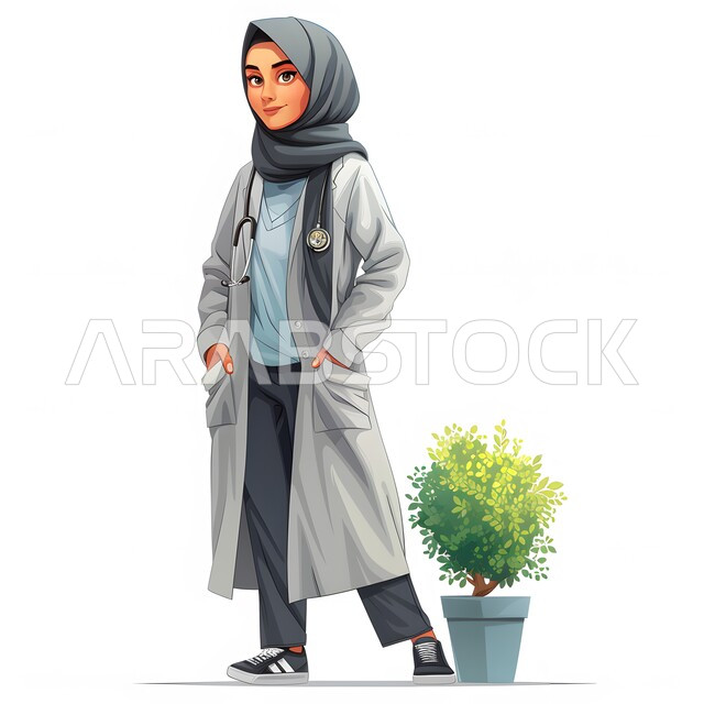 العمل في القطاع الطبي، الاهتمام بالأناقة والمظهر الخارجي، تقديم الخدمات العلاجية، رسوم توضيحية ثلاثية الابعاد لطبيبة عربية خليجية سعودية مبتسمة محجبة ترتدي المعطف والسماعات الطبية تنظر الى الكاميرا بإيماءات الثقة بالنفس، صورة الجسم بالطول الكامل، خلفية بيضاء