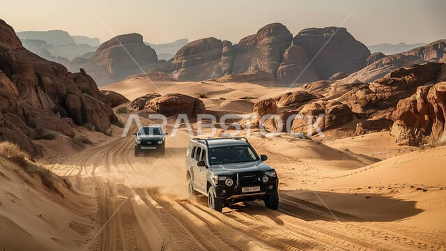 Recreational activities of driving four-wheel drive vehicles (drifting) across the rugged rocky roads in the desert of the Kingdom of Saudi Arabia, safari adventures on the golden sands, the concept of excitement and suspense in the world of cars, urban exploration and wandering through nature, interesting tourist trips