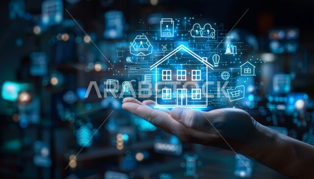 التطور التكنولوجي في السعودية، مفهوم تكنولوجيا المنزل الذكي مع أيقونة رمقية تحملها يد, التقدم و النمو التقني, تحسين كفاءة العمل