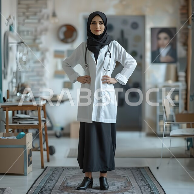 النظر الى الكاميرا بايماءات الثقة بالنفس، تقديم الخدمات العلاجية في المستشفيات والمراكز الصحية، العمل في القطاع الطبي، الاهتمام بالأناقة والمظهر الخارجي، طبيبة عربية خليجية سعودية مبتسمة محجبة ترتدي المعطف الابيض تقف باستقامة
