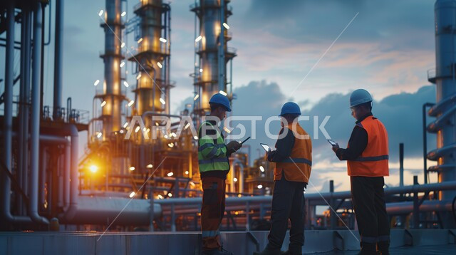 العمل في مجال هندسة البترول, صورة مقربة من الخلف لمهندسين خليجيين يرتديان البدلة الواقية وخوذة الحماية يقومان بتقييم جودة المصانع النفطية في المملكة العربية السعودية, مصنع تكرير النفط والغاز في المنطقة الصناعية, صناعات ومشاريع بيتروكيماوية