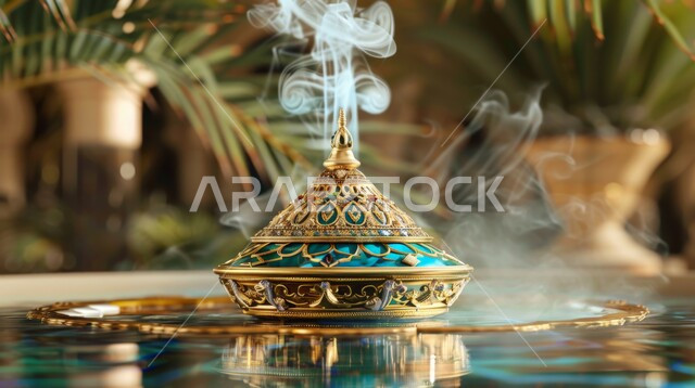 منظر الدخان المنتشر من البخور، التعطر والتطيب باطيب الروائح والعطور، أصالة العادات والتقاليد في المملكة العربية السعودية، خشب العود الفاخر والفحم، منتج محلي وطني سعودي, مبخرة تقليدية مزخرفة في مكان تراثي