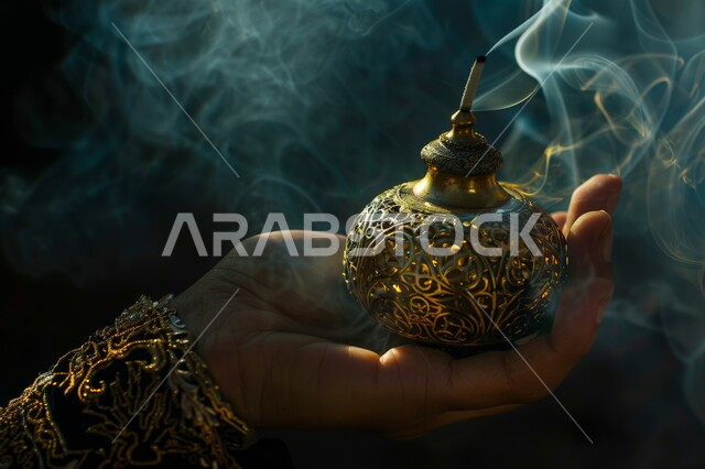 منظر الدخان المنتشر من البخور، التعطر والتطيب باطيب الروائح والعطور، أصالة العادات والتقاليد في المملكة العربية السعودية، خشب العود الفاخر والفحم، منتج محلي وطني سعودي, يد تحمل مبخرة تقليدية مزخرفة 