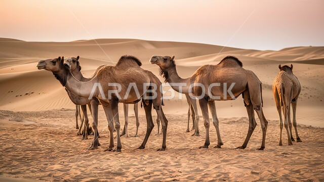 العادات البدوية الشعبية القديمة ،قافلة من حيوان الابل تسير فوق الكثبان الرملية في طريق السفر الصحراوي ، تربية الجمال والناقات في البادية، المناظر الطبيعية والرمال الذهبية الناعمة في المملكة العربية السعودية،  ، الهضاب والتلال في الصحراء