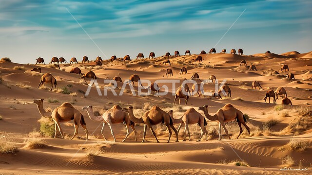 Ancient Bedouin folk customs, a caravan of camels walking and feeding on the sand dunes in the desert, raising camels and female camels in the desert, natural landscapes and soft golden sands in the Kingdom of Saudi Arabia, desert plateaus and hills