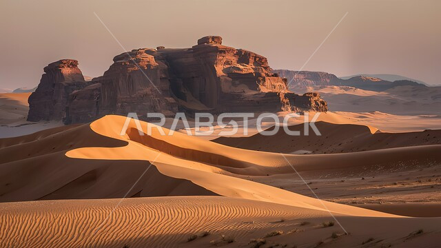 التكوينات و التشكيلات الصخرية في صحراء المملكة العربية السعودية، مناطق البادية والبيئة الطبيعية الصحراوية في وقت النهار ,الهضاب و التلال من الرمال الناعمة الذهبية، المرتفعات و التضاريس والقمم الجبلية 