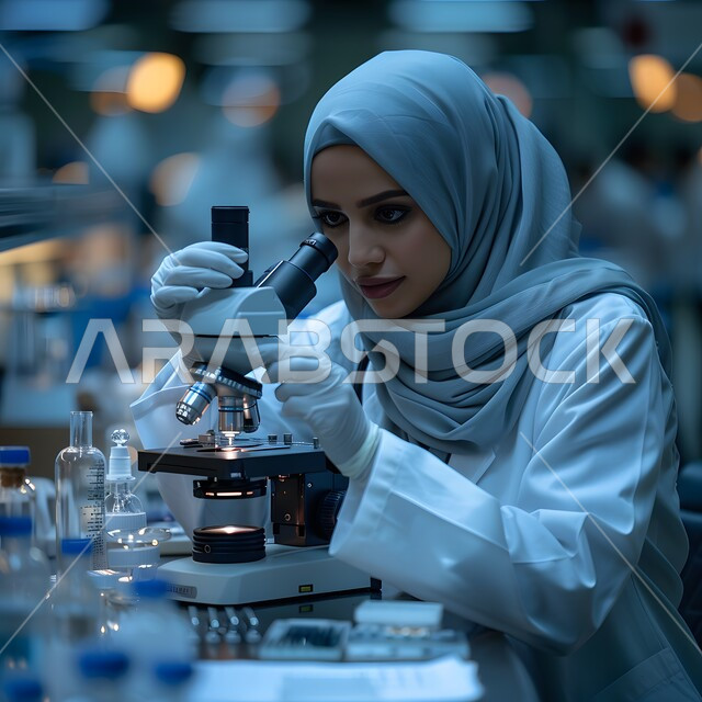 مختبرات الفحوصات الطبية والتحاليل الكيمائية، استخدام أجهزة الفحص المتطورة لتحليل العينات المختلفة، معمل الصناعات الدوائية، صورة مقربة لمخبرية عربية خليجية سعودية محجبة تقوم بالبحث حول العينة والنظر في المجهر، إجراء التجارب والبحوث العلمية الحيوية