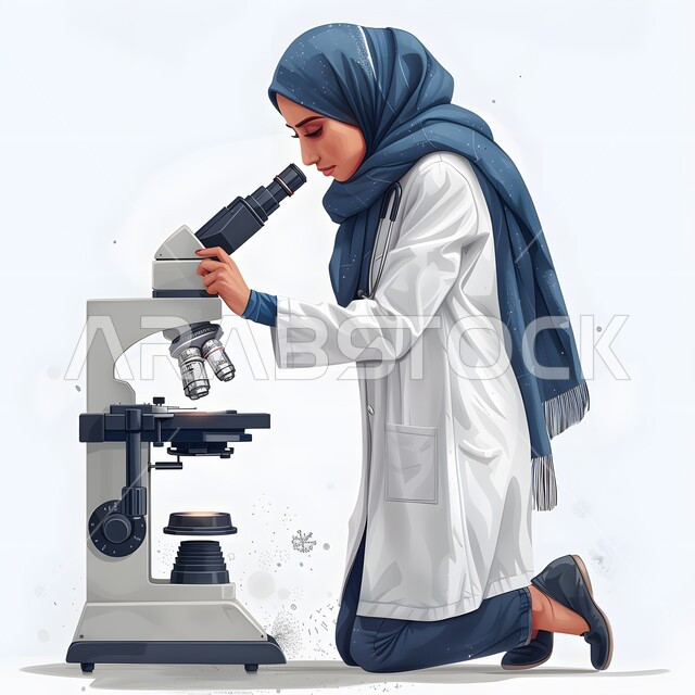 مختبرات الفحوصات الطبية والتحاليل الكيمائية، استخدام أجهزة الفحص المتطورة لتحليل العينات المختلفة، معمل الصناعات الدوائية، رسوم توضيحية ثلاثية الأبعاد لمخبرية عربية خليجية سعودية محجبة تقوم بالنظر في المجهر، إجراء التجارب والبحوث العلمية الحيوية، حلفية بيضاء