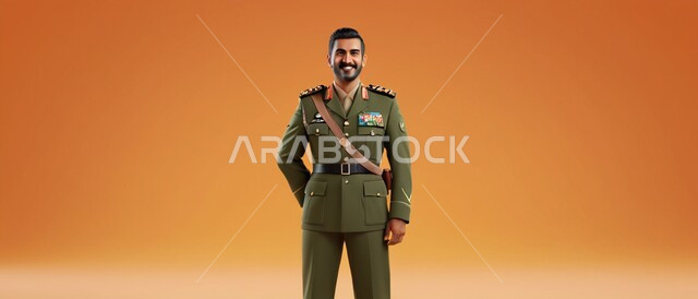 الجيش العربي السعودي، الدفاع عن الوطن، القوات المسلحة السعودية، صورة بانورامية بورتريه لرجل عربي خليجي سعودي يرتدي زيًا عسكريًا، الوقوف باستقامة وانضباط، ايماءات وجه مبتسمة، صورة الجسم بالطول الكامل، خلفية برتقالية