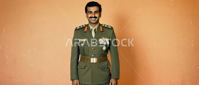الدفاع عن الوطن، القوات المسلحة السعودية، الجيش العربي السعودي، صورة بانورامية بورتريه لرجل عربي خليجي سعودي يرتدي زيًا عسكريًا، الوقوف باستقامة وانضباط، ايماءات وجه مبتسمة، خلفية برتقالية 