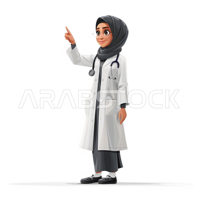 Working in the medical sector, providing therapeutic services and consultations in hospitals and health centers, 3D illustration of a veiled Saudi Arabian Gulf female doctor wearing a white coat pointing with her index finger at something, female professions and jobs, full-length body image, white background