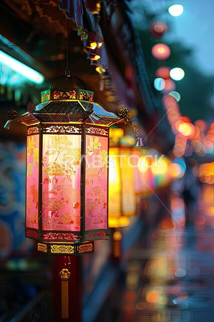 زينة الأعياد والمناسبات الدينية في المملكة العربية السعودية، أجواء رمضانية وروحانية إسلامية، العادات والتقاليد العربية، فوانيس وتحف وديكورات تقليدية للاحتفال بقدوم شهر رمضان المبارك، مصابيح عربية معدنية مزخرفة مضيئة