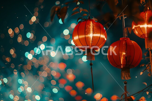 Ramadan decorations and ornaments, welcoming the spiritual Ramadan atmosphere in the Kingdom of Saudi Arabia, colorful paper lanterns lit and hung, distinctive geometric designs, celebrating the arrival of the month of goodness and blessings, blurry background