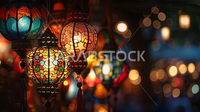 زينة الأعياد والمناسبات الدينية في المملكة العربية السعودية، أجواء رمضانية وروحانية إسلامية، العادات والتقاليد العربية، فوانيس وتحف وديكورات تقليدية للاحتفال بقدوم شهر رمضان المبارك، مصابيح عربية معدنية مزخرفة مضيئة