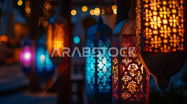 زينة الأعياد والمناسبات الدينية في المملكة العربية السعودية، أجواء رمضانية وروحانية إسلامية، العادات والتقاليد العربية، فوانيس وتحف وديكورات تقليدية للاحتفال بقدوم شهر رمضان المبارك، مصابيح عربية معدنية مزخرفة مضيئة