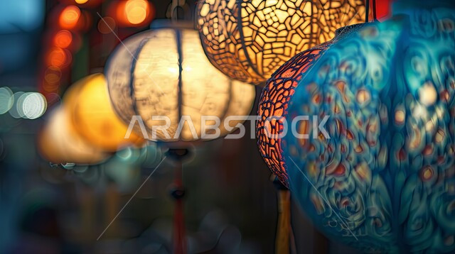 Ramadan decorations and ornaments, welcoming the spiritual Ramadan atmosphere in the Kingdom of Saudi Arabia, colorful paper lanterns lit and hung, distinctive geometric designs, celebrating the arrival of the month of goodness and blessings, blurry background