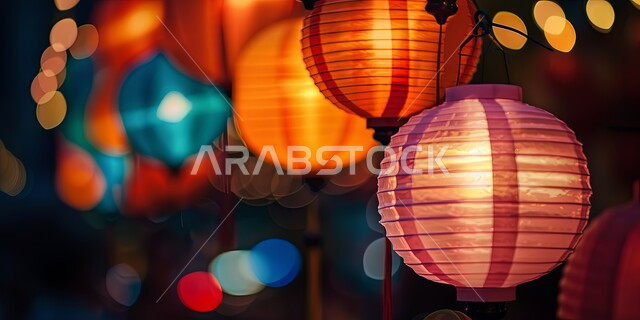 ديكورات وزينة رمضان المبارك، استقبال الأجواء الرمضانية الروحانية في المملكة العربية السعودية، مصابيح ورقية ملونة مضاءة ومعلقة، تصاميم هندسية مميزة، الاحتفال بقدوم شهر الخير والبركة، خلفية ضبابية