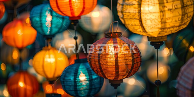 مصابيح ورقية ملونة مضاءة ومعلقة، ديكورات وزينة رمضان المبارك، استقبال الأجواء الرمضانية الروحانية، تصاميم هندسية مميزة، الاحتفال بقدوم شهر الخير والبركة في المملكة العربية السعودية، خلفية ضبابية