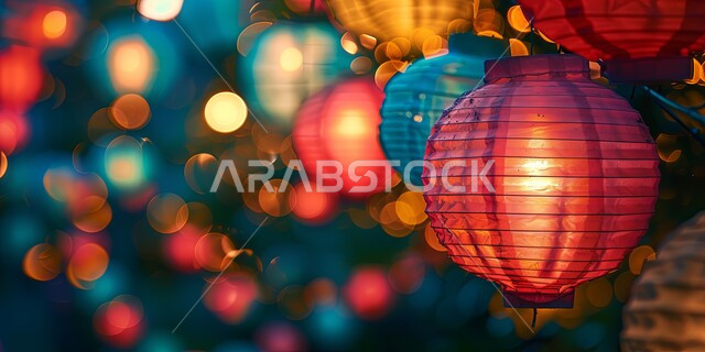 ديكورات وزينة رمضان المبارك، استقبال الأجواء الرمضانية الروحانية في المملكة العربية السعودية، مصابيح ورقية ملونة مضاءة ومعلقة، تصاميم هندسية مميزة، الاحتفال بقدوم شهر الخير والبركة، خلفية ضبابية