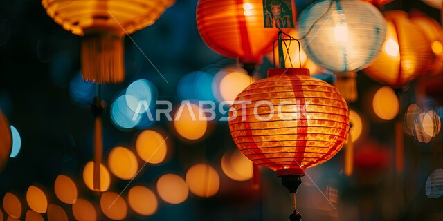 مصابيح ورقية ملونة مضاءة ومعلقة، ديكورات وزينة رمضان المبارك، استقبال الأجواء الرمضانية الروحانية، تصاميم هندسية مميزة، الاحتفال بقدوم شهر الخير والبركة في المملكة العربية السعودية، خلفية ضبابية