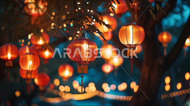 ديكورات وزينة رمضان المبارك، استقبال الأجواء الرمضانية الروحانية في المملكة العربية السعودية، مصابيح ورقية ملونة مضاءة ومعلقة، تصاميم هندسية مميزة، الاحتفال بقدوم شهر الخير والبركة، خلفية ضبابية