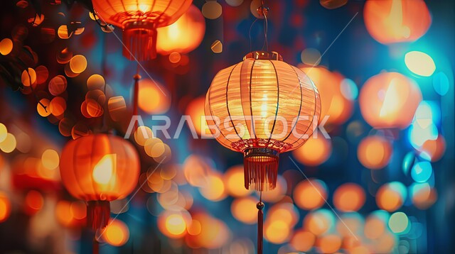 مصابيح ورقية ملونة مضاءة ومعلقة، ديكورات وزينة رمضان المبارك، استقبال الأجواء الرمضانية الروحانية، تصاميم هندسية مميزة، الاحتفال بقدوم شهر الخير والبركة في المملكة العربية السعودية، خلفية ضبابية