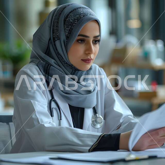 مفهوم العمل في القطاع الطبي، مراجعة بيانات المرضى، تقديم الخدمات العلاجية في المستشفيات، مهن ووظائف نسائية، طبيبة عربية خليجية سعودية محجبة ترتدي المعطف الابيض والسماعات الطبية تجلس وتمسك بيدها الأوراق والملفات