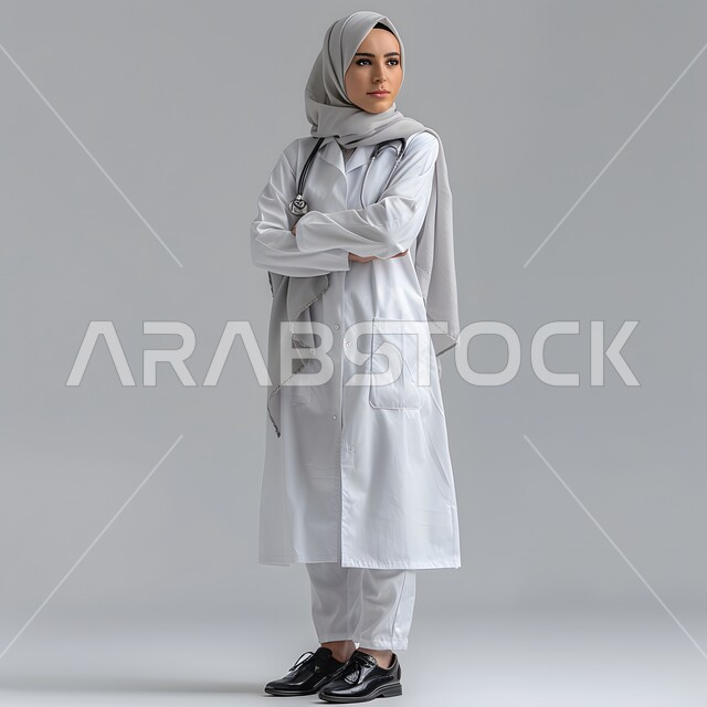 الاهتمام بالأناقة والمظهر الخارجي، العمل في القطاع الطبي، تقديم الخدمات العلاجية في المستشفيات والمراكز الصحية، بورتريه لطبيبة عربية خليجية سعودية مبتسمة محجبة ترتدي المعطف الابيض تقف بايدي متقاطعة وتنظر الى شيء ما، صورة الجسم بالطول الكامل، خلفية رمادية