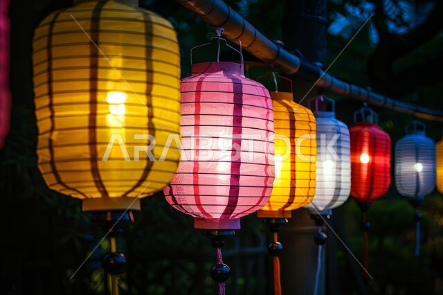 Colorful Asian Paper Lanterns, Kerosene Lamp, Ramadan Decorations, Celebrating Occasions and Holidays in Saudi Arabia, Blurry Background