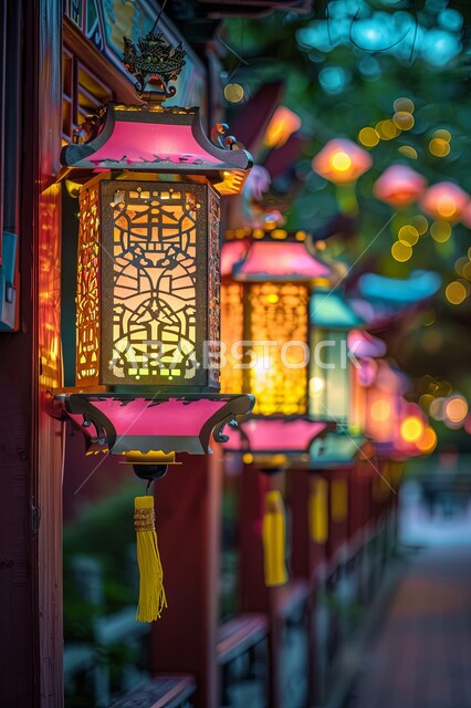 فانوس عربي مزخرف بزخارف إسلامية، الاحتفال بالمناسبات والأعياد الدينية في المملكة العربية السعودية، زينة وديكورات رمضان المبارك، مصباح معدني تقليدي معلق، البهجة بقدوم شهر الخير، أجواء روحانية متميزة