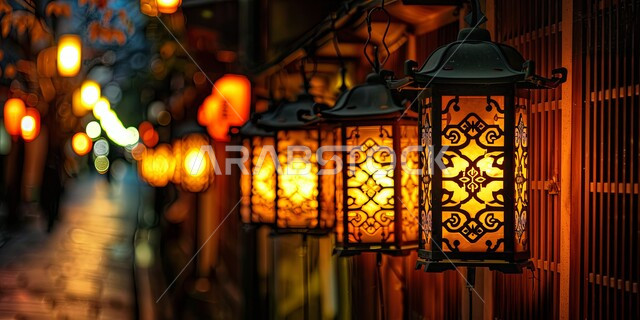 فانوس عربي مزخرف بزخارف إسلامية، الاحتفال بالمناسبات والأعياد الدينية في المملكة العربية السعودية، زينة وديكورات رمضان المبارك، مصباح معدني تقليدي معلق، البهجة بقدوم شهر الخير، أجواء روحانية متميزة