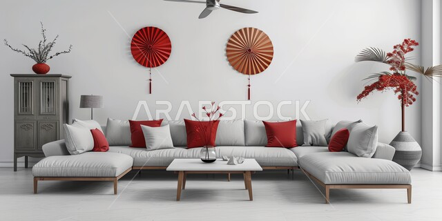 Asian style accessories and antiques, luxury interior decorations for villas and apartments in Saudi Arabia, hanging paintings, interior designs for living rooms, living room with luxurious white home furniture