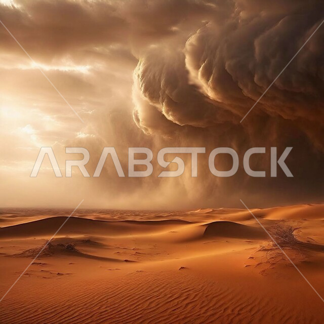 غبار العاصفة الرملية في الصحراء, رياح ترابية في المناطق الصحراوية, الكثبان والرمال الذهبية الناعمة، التشكيلات والتكوينات الرملية في المملكة العربية السعودية, منظر السماء المليئة بالغيوم الداكنة والأجواء الغبارية