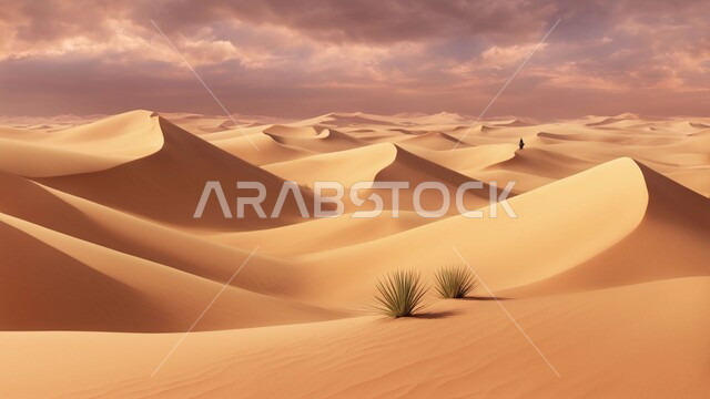 Soft golden dunes and sands in the Arabian Desert, sand formations and formations in the desert areas of the Kingdom of Saudi Arabia, youth tourist places, view of the sky filled with dark clouds