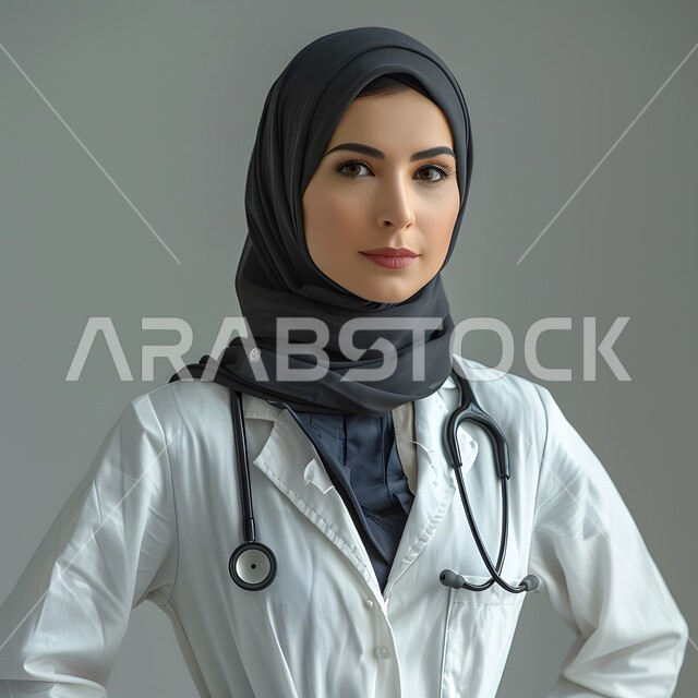 إيماءات الثقة بالنفس والبشاشة, تقديم المساعده الطبية للمرضى, العمل في المراكز الصحية والمستشفيات, بورتريه مقرب لطبيبة عربية خليجية سعودية مبتسمة ترتدي المعطف الطبي الأبيض وسماعة الفحص تنظر إلى الكاميرا, مفهوم الطب والرعاية الصحية، خلفية رمادية