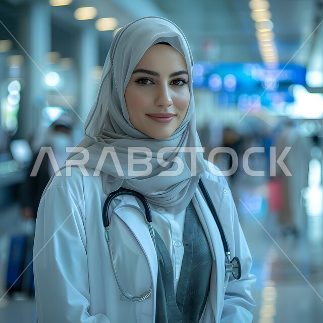 Expressions of self-confidence and cheerfulness, providing medical assistance to patients, working in health centers and hospitals, close-up of smiling Saudi Arabian Gulf female doctor wearing white medical coat and stethoscope looking at camera, concept of medicine and health care