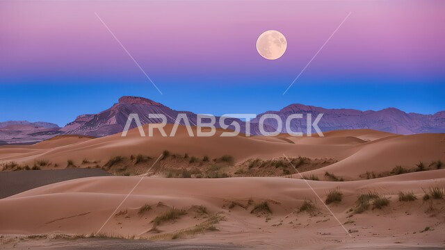 Plateaus and hills of soft sand, sand formations and formations in the desert of Saudi Arabia, terrain and heights and mountain peaks in the prairies, desert areas and the desert natural environment at the time of the full moon