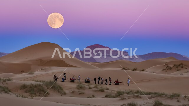 الهضاب و التلال من الرمال الناعمة، التكوينات والتشكيلات الرملية في صحراء المملكة العربية السعودية، التضاريس و المرتفعات والقمم الجبلية في البراري، مناطق البادية والبيئة الطبيعية الصحراوية في وقت اكتمال القمر