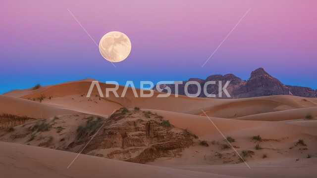 الهضاب و التلال من الرمال الناعمة، التكوينات والتشكيلات الرملية في صحراء المملكة العربية السعودية، التضاريس و المرتفعات والقمم الجبلية في البراري، مناطق البادية والبيئة الطبيعية الصحراوية في وقت اكتمال القمر