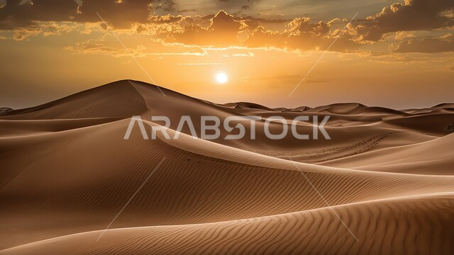 منظر غروب الشمس فوق مناطق البادية، البيئة الطبيعية الصحراوية، الهضاب والتلال من الرمال الذهبية الناعمة, التضاريس والمرتفعات والقمم الجبلية في البراري, التكوينات والتشكلات الرملية في صحراء المملكة العربية السعودية, خلفية الطبيعة