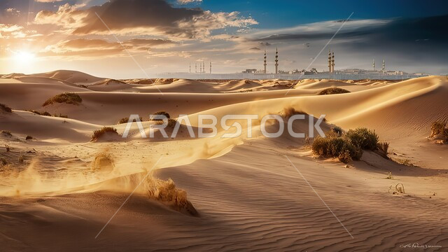 منظر غروب الشمس فوق مناطق البادية، البيئة الطبيعية الصحراوية، الهضاب والتلال من الرمال الذهبية الناعمة, التضاريس والمرتفعات والقمم الجبلية في البراري, التكوينات والتشكلات الرملية في صحراء المملكة العربية السعودية, خلفية الطبيعة