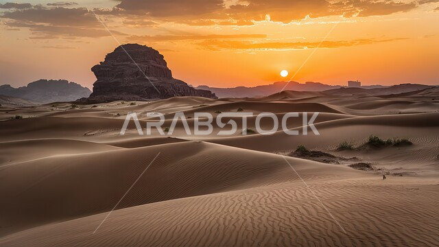 منظر غروب الشمس فوق مناطق البادية، البيئة الطبيعية الصحراوية، الهضاب والتلال من الرمال الذهبية الناعمة, التضاريس والمرتفعات والقمم الجبلية في البراري, التكوينات والتشكلات الرملية في صحراء المملكة العربية السعودية, خلفية الطبيعة