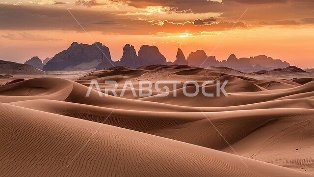 Sunset view over the desert regions, the desert natural environment, plateaus and hills of soft golden sand, terrain, heights and mountain peaks in the prairies, sand formations and formations in the desert of the Kingdom of Saudi Arabia, nature background