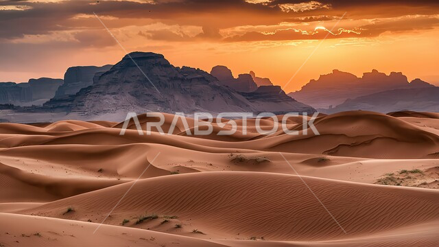 منظر غروب الشمس فوق مناطق البادية، البيئة الطبيعية الصحراوية، الهضاب والتلال من الرمال الذهبية الناعمة, التضاريس والمرتفعات والقمم الجبلية في البراري, التكوينات والتشكلات الرملية في صحراء المملكة العربية السعودية, خلفية الطبيعة