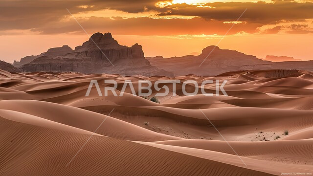 منظر غروب الشمس فوق مناطق البادية، البيئة الطبيعية الصحراوية، الهضاب والتلال من الرمال الذهبية الناعمة, التضاريس والمرتفعات والقمم الجبلية في البراري, التكوينات والتشكلات الرملية في صحراء المملكة العربية السعودية, خلفية الطبيعة