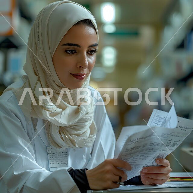 مفهوم العمل في القطاع الطبي، مراجعة بيانات المرضى، تقديم الخدمات العلاجية في المستشفيات، مهن ووظائف نسائية، طبيبة عربية خليجية سعودية محجبة ترتدي المعطف الابيض والسماعات الطبية تجلس وتمسك بيدها الأوراق والملفات