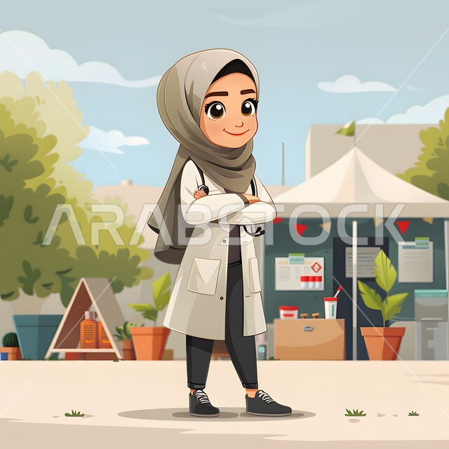 العمل في القطاع الطبي، الاهتمام بالأناقة والمظهر الخارجي، تقديم الخدمات العلاجية، رسوم توضيحية ثلاثية الابعاد لطبيبة عربية خليجية سعودية مبتسمة محجبة ترتدي المعطف والسماعات الطبية تقف بايدي متقاطعة وتنظر الى الكاميرا بإيماءات الثقة بالنفس