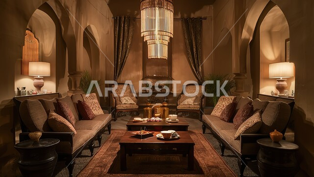 أجواء عربية تقليدية، مزيج متناغم من التراث الثقافي والأسلوب التقليدي وكرم الضيافة، الديكورات والتصاميم لغرفة المعيشة على النمط العربي القديم، الأثاث المنزلي الراقي والمريح، الفن الهندسي للزخارف والنقوش العربية الاسلامية، الديكور الداخلي للمنازل والشقق السكنية