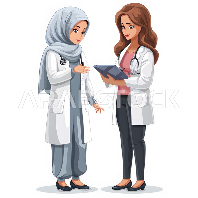التشخيص السريع و الفحص الطبي، أداء الواجبات الطبيه بجودة عالية ، رسوم توضيحية ثلاثية الأبعاد لطبيبتان عربيتان خليجيتان ترتديان المعطف الطبي والسماعات الطبية تقومان بالمناقشات والحوارات، إجراء الفحوصات الطبية الدورية، الطول الكامل للجسم، خلفية بيضاء